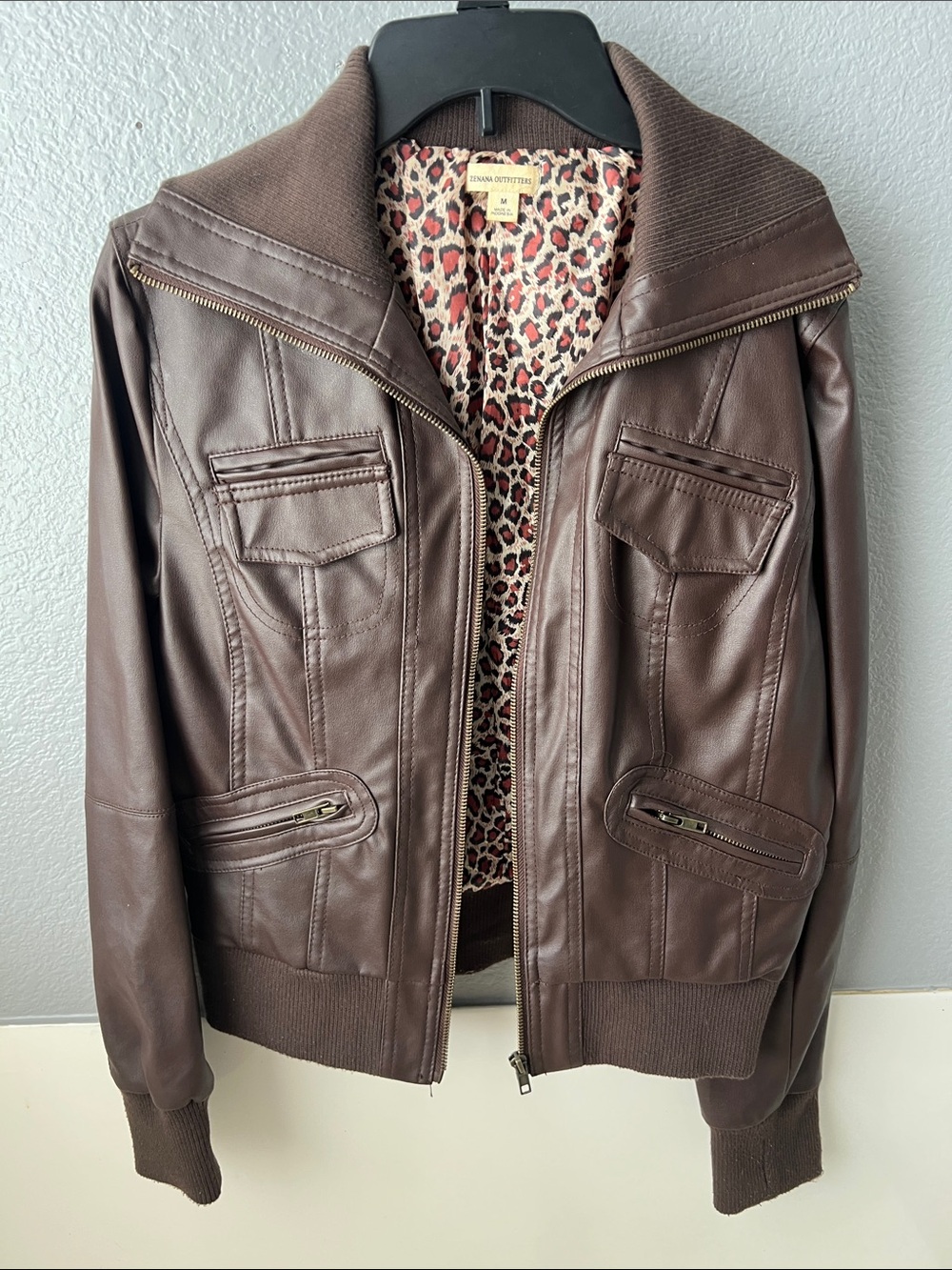 ZENANA OUTFITTERS Brown Faux Leather Jacket with Leopard Print Lining